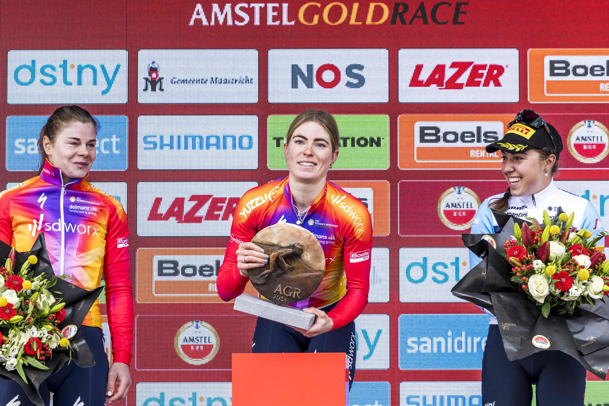 Demi Vollering, centre, placed first in the Amstel Gold Race after finishing second for the past two years ©Getty Images