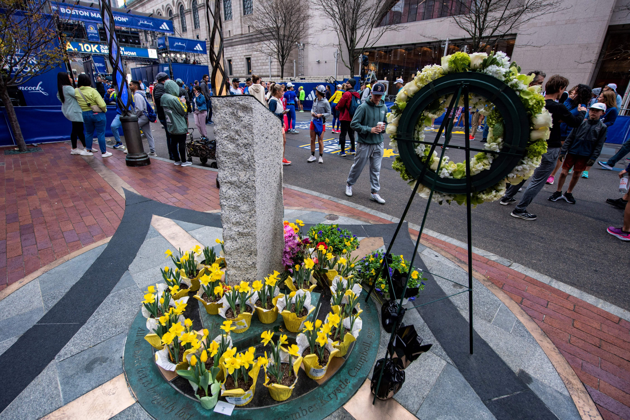 A memorial has been erected at the finish line for those killed in the bombing at the Boston Marathon 10 years ago ©Getty Images