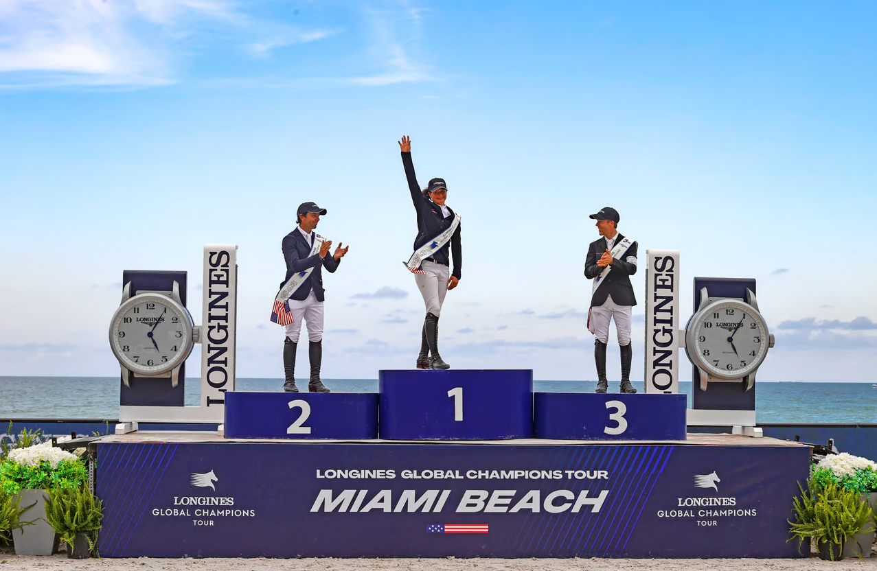 Germany's Katrina Eckermann, centre, won gold in Miami Beach at the Global Champions Tour for the second year running ©Global Champions Tour