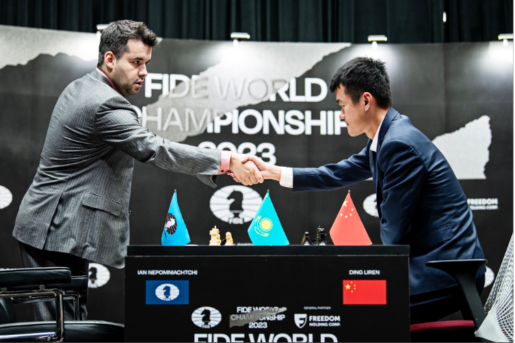 The seventh game in the FIDE World Chess Championship ended in dramatic late defeat for Ding Liren of China ©FIDE Steve Bonhage