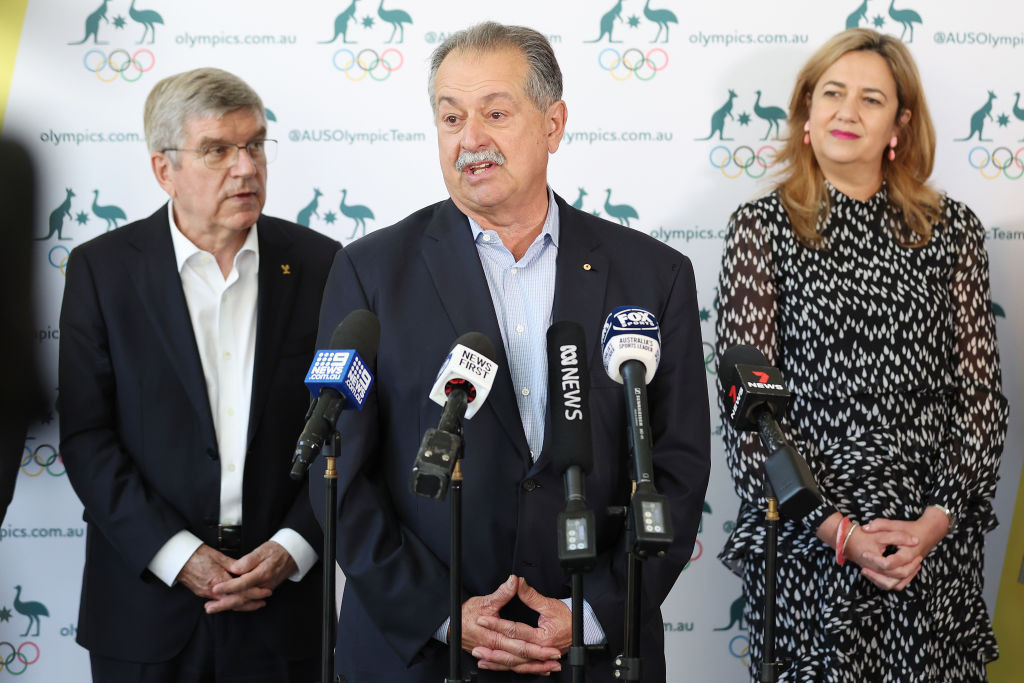 Brisbane 2032 President Andrew Liveris, centre, has marked his first year by predicting the Games will deliver something "unique" ©Getty Images