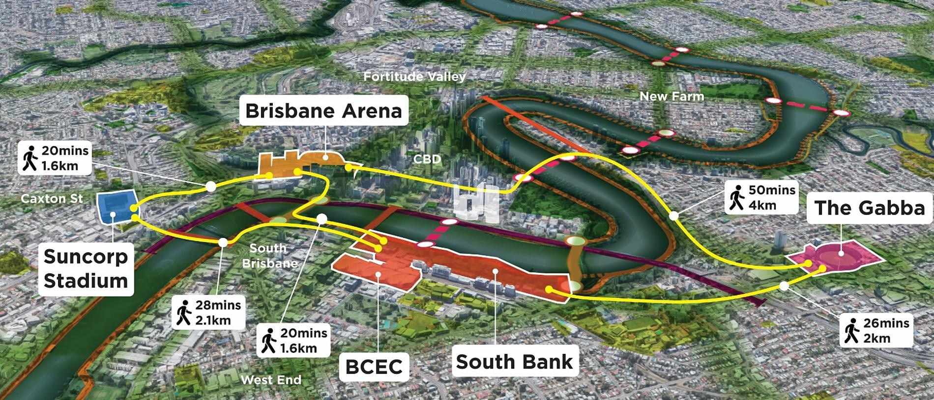 Map highlighting walking routes to Brisbane 2032 venues unveiled