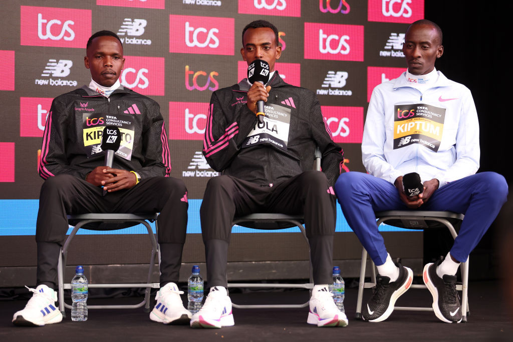 Defending champion Amos Kipruto, left, world champion Tamirat Tola, centre, and Kelvin Kiptum, the world's fastest debutant marathon runner look ahead to Sunday's men's race at the London Marathon ©Getty Images