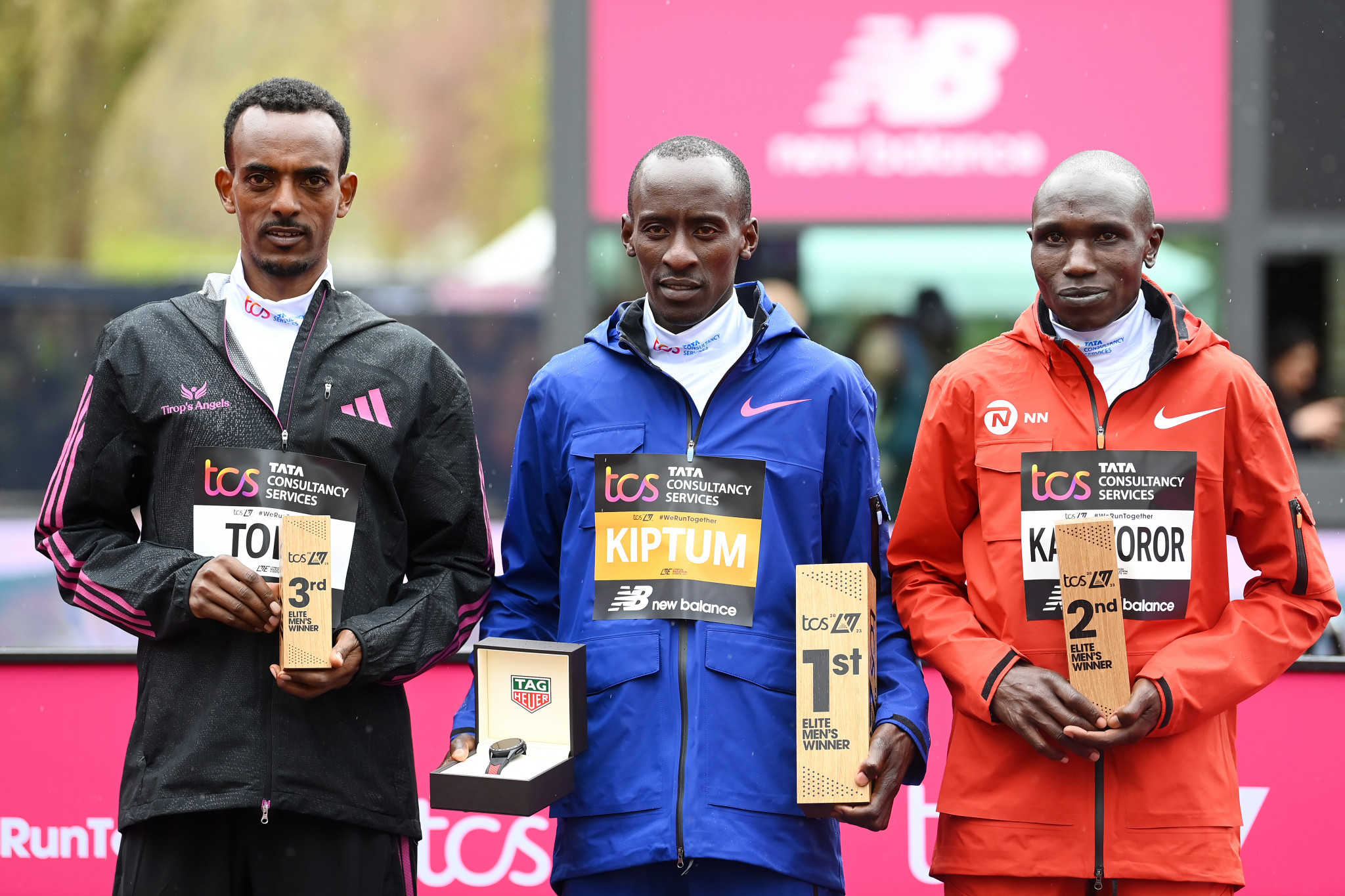 The podium in the men's elite race - from left Tamirat Tola, Kelvin Kiptum and Geoffrey Kamworor ©Getty Images