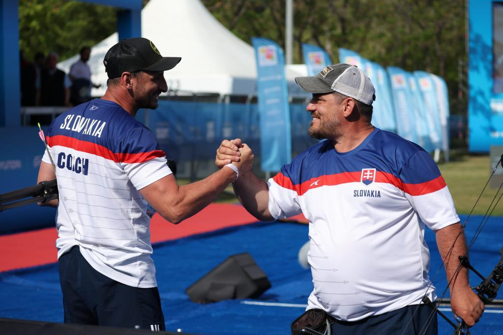 Slovakia’s Jozef Bosansky celebrates a first Archery World Cup medal at the age of 46 - and it was golden as he won the individual compound event ©World Archery