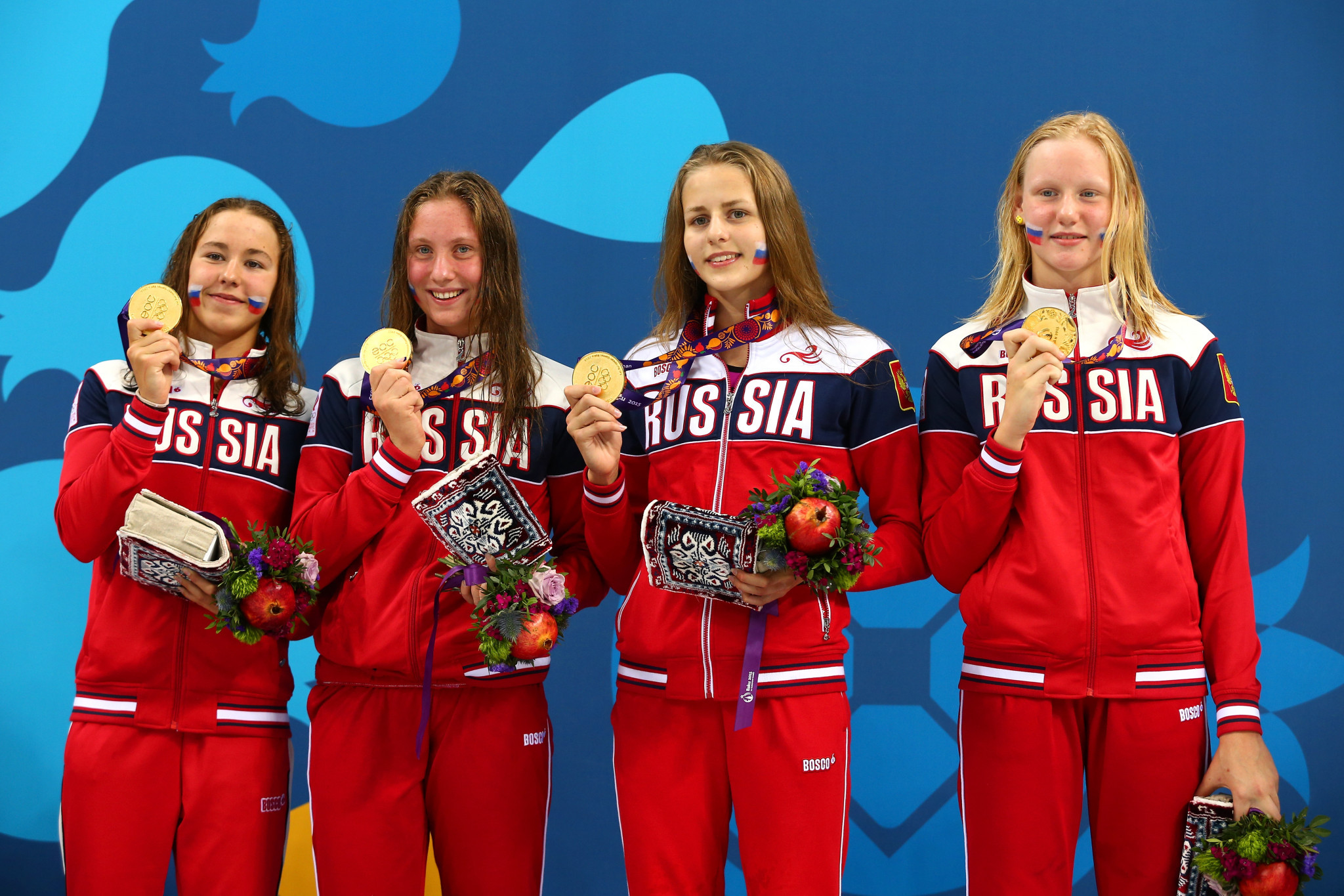 Anastasiia Kirpichnikova, second left, was part of Russia's 4x200m freestyle relay gold medal-winning team at Baku 2015 ©Getty Images