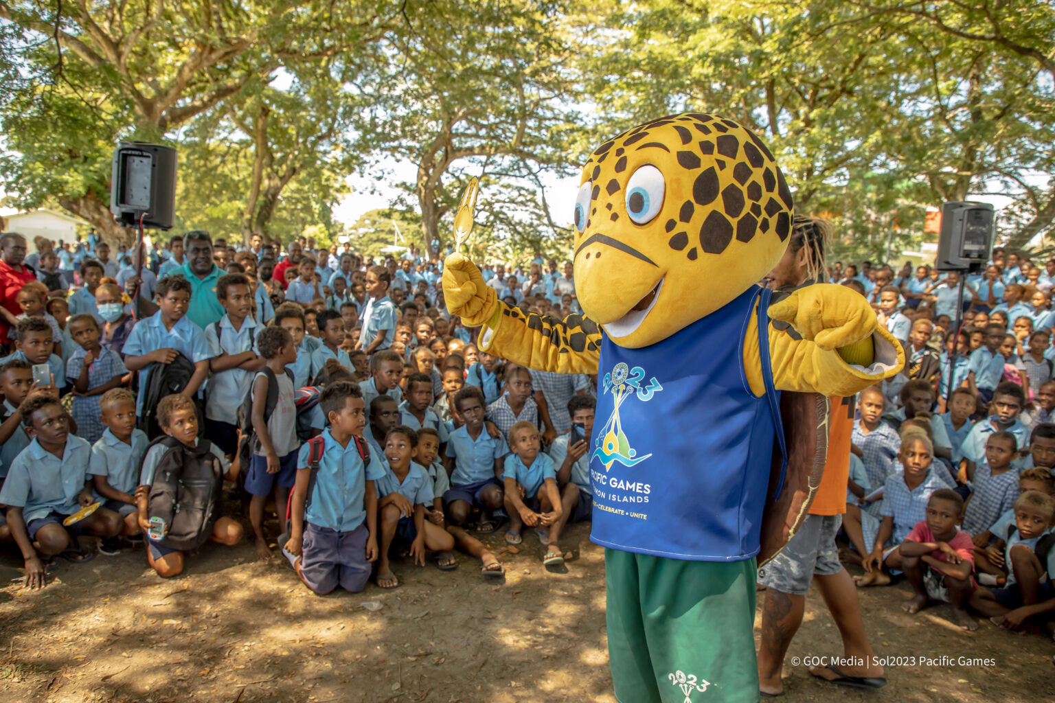 SOLO, the 2023 Pacific Games mascot, has been involved in promotional school visits ©GOC