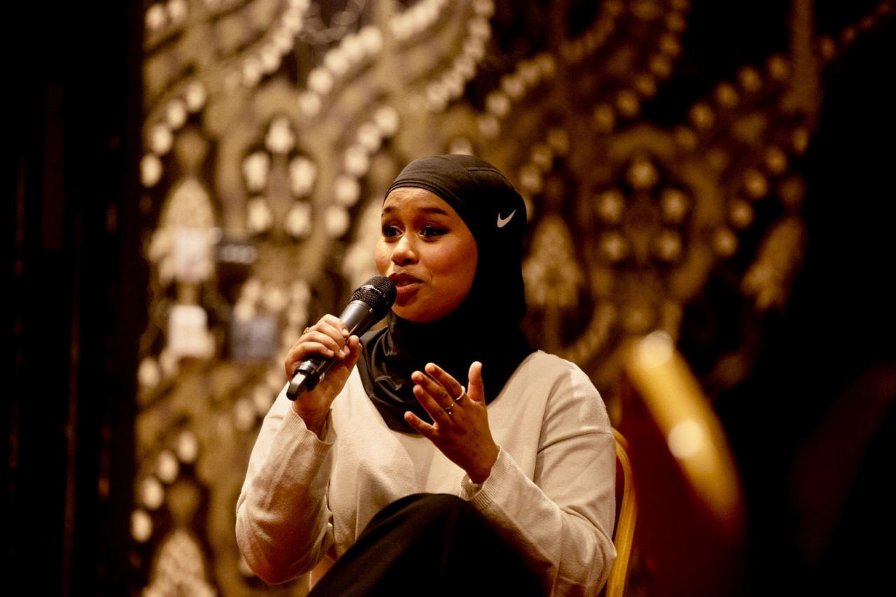 Hijab-wearing jockey Khadijah Mellah gave a speech at the event run by GB Taekwondo ©GB Taekwondo