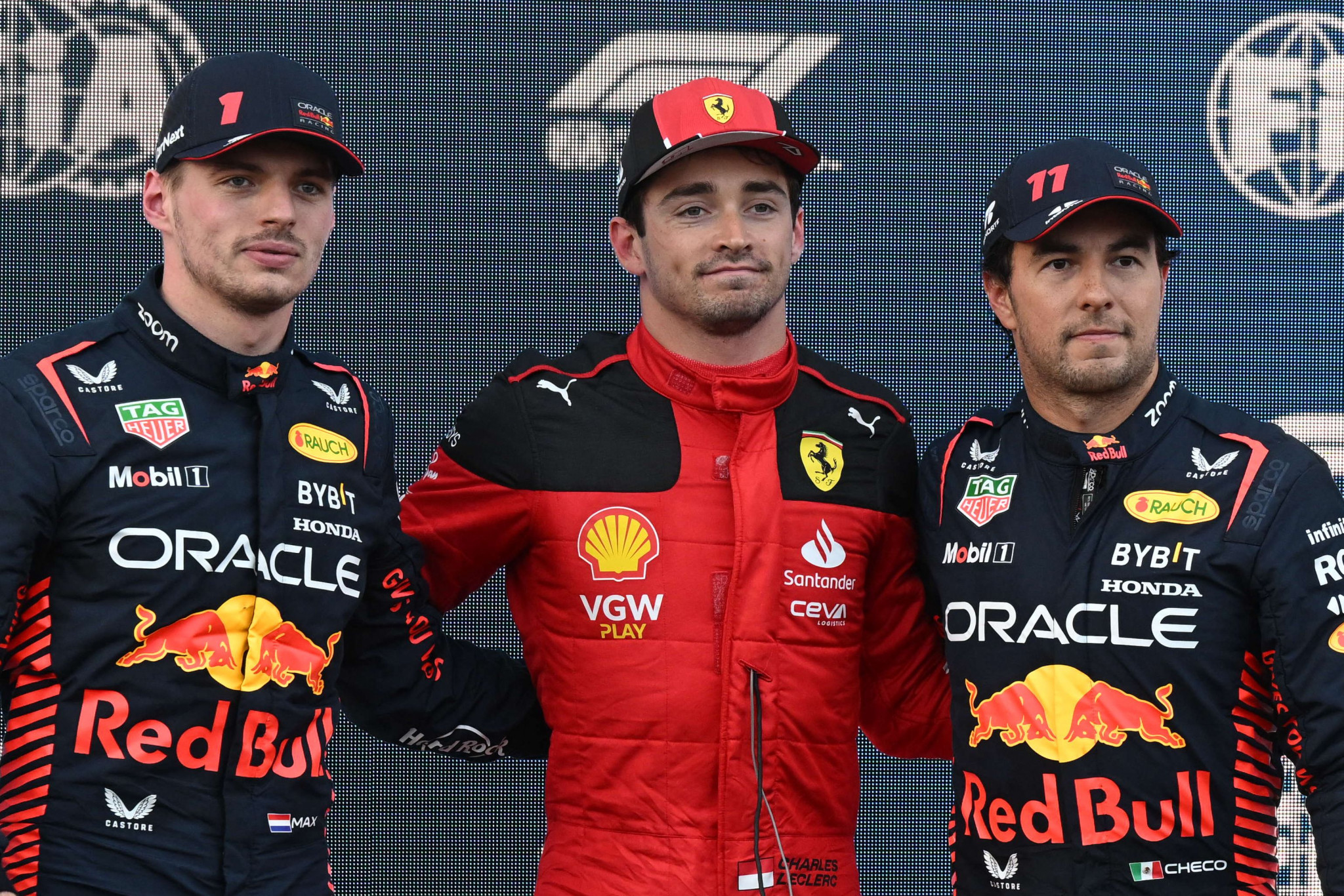 Charles Leclerc, centre, snatched pole position away from Red Bull pair Max Verstappen, left, and Sergio Pérez, right ©Getty Images