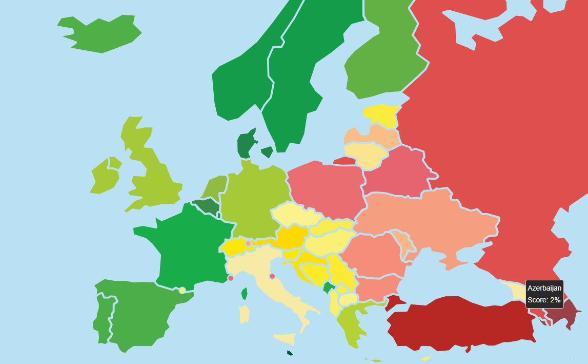 Azerbaijan has been consistently ranked among the worst for LGBT+ rights protection by ILGA-Europe ©ILGA-Europe