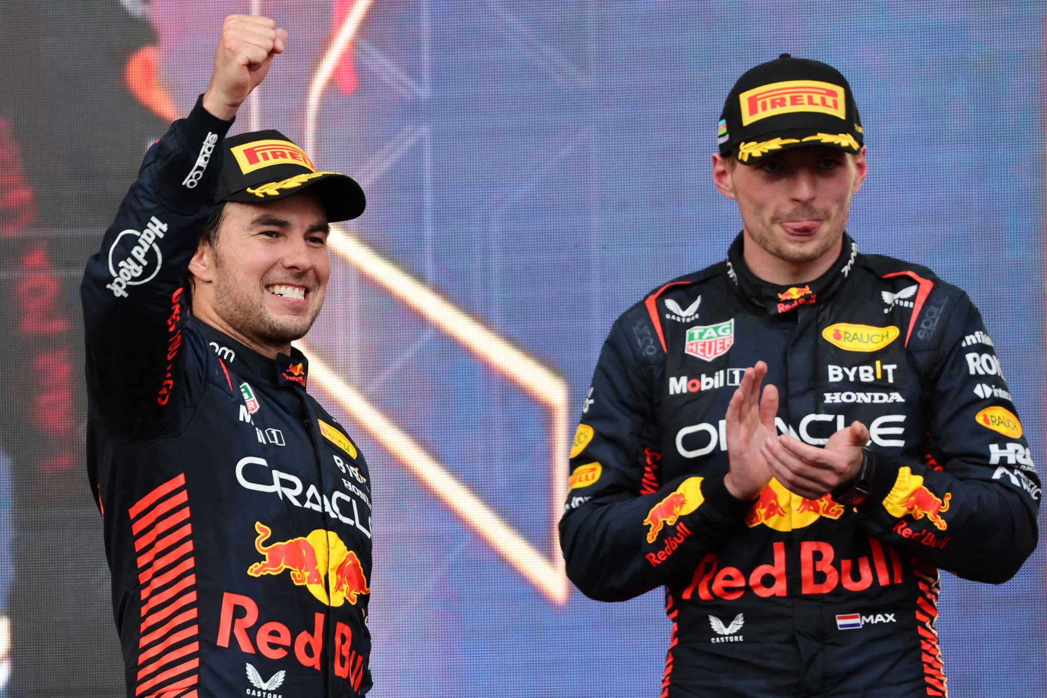 Sergio Pérez, left, took the sixth win of his career after pipping team-mate Max Verstappen, right, to the finish line ©Getty Images