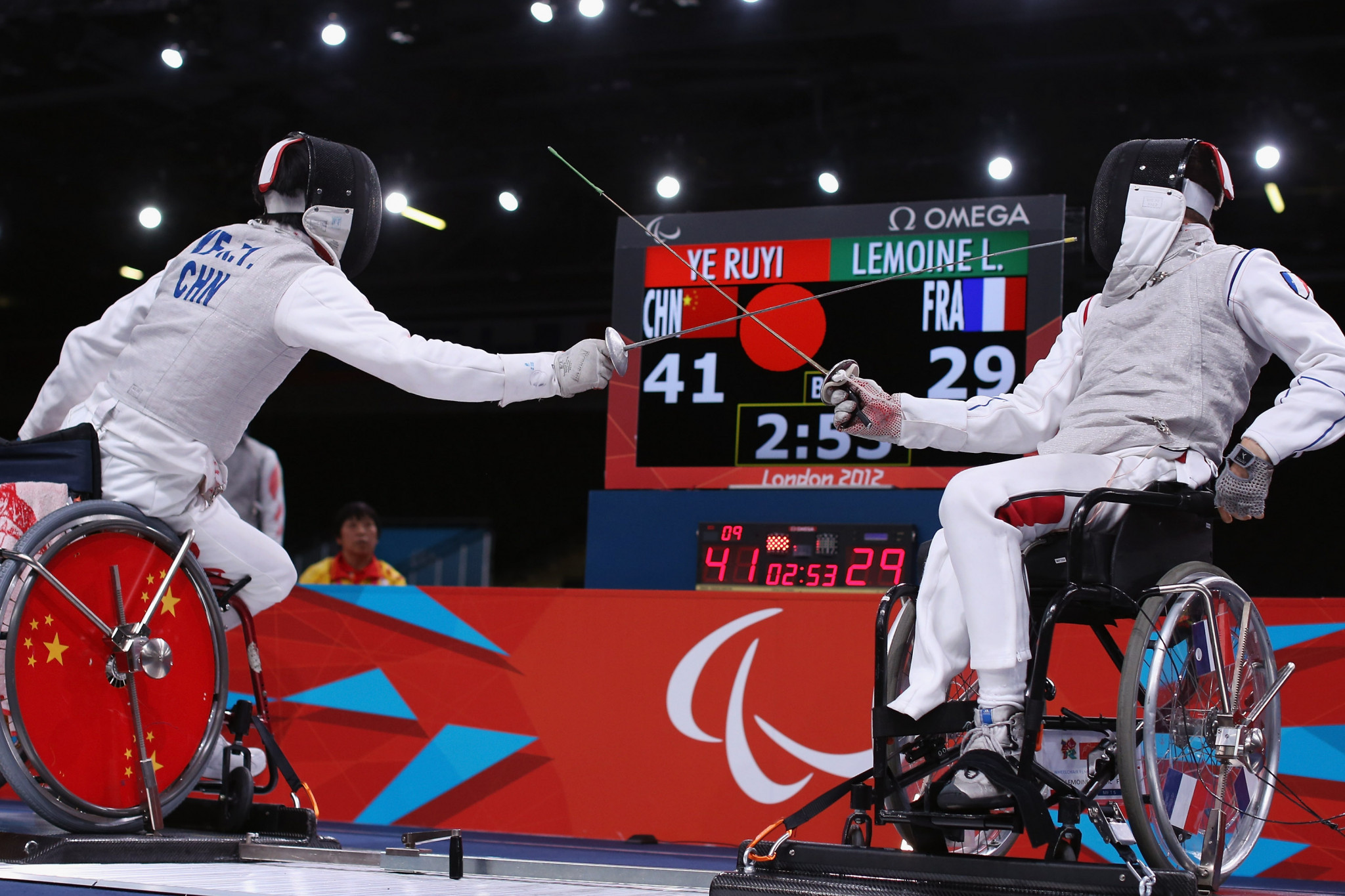 French wheelchair fencing athlete Ludovic Lemoine, right, says receiving an Airbnb travel grant enabled him to compete in the Paris 2024 qualifier in Hungary where he won sabre bronze ©Getty Images