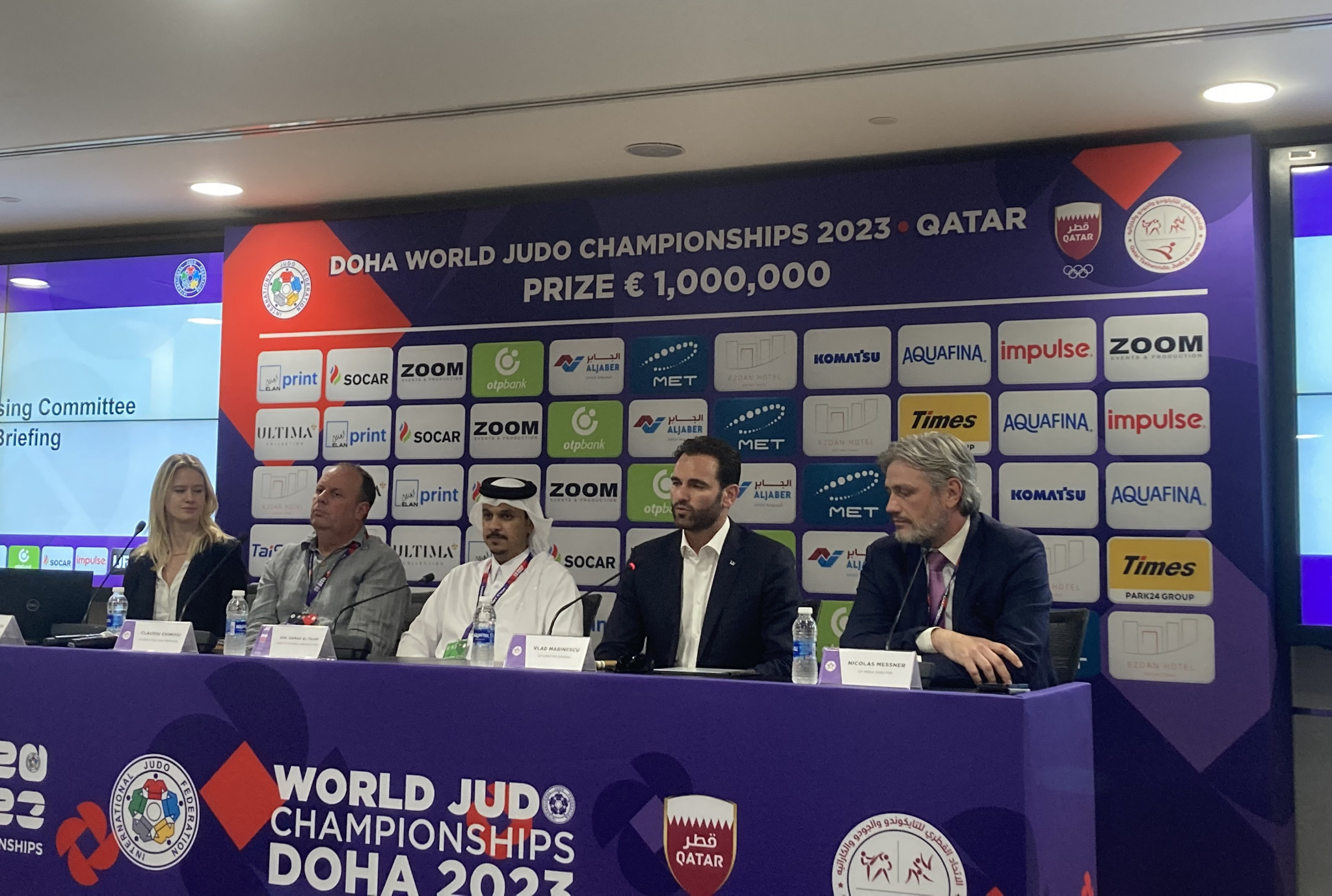 IJF director general and Executive Committee member Vlad Marinescu, second from right, defended the organisation's decision to allow Russian and Belarusian judoka to compete as individual neutral athletes in Doha ©ITG