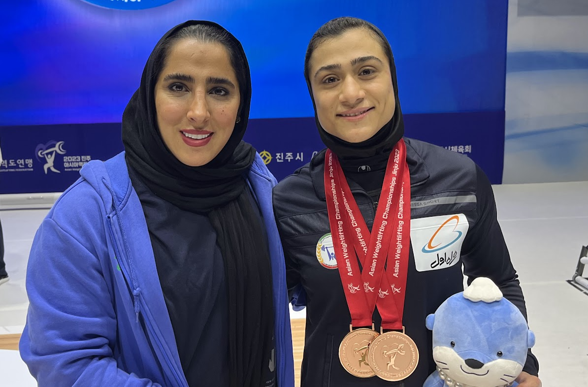 Fatemeh Keshavarz, right, became the first woman from Iran to win a medal at the Asian Weightlifting Championships following the earlier success of team-mate Elham Hosseini, left, last year ©AWF