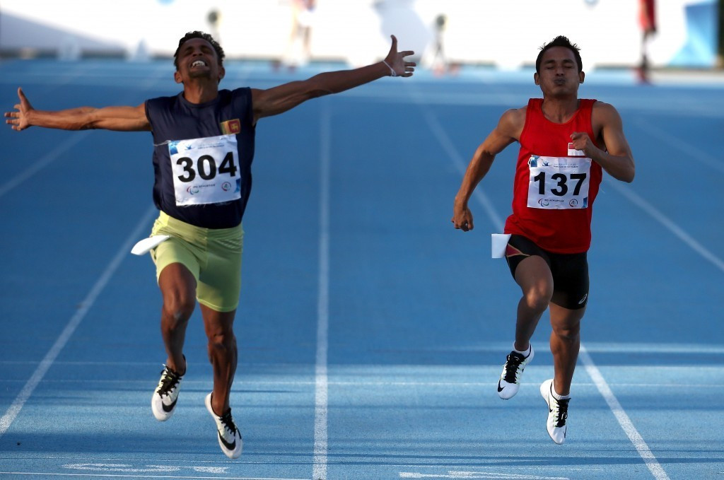 Ajith Hettiarachchi (left) won T44 100m gold for Sri Lanka at the IPC Athletics Asia-Oceania Championships in Dubai last month ©Getty Images