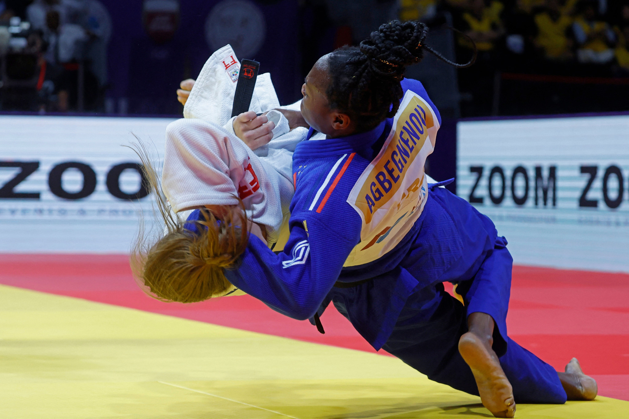 Slovenia's Andreja Leški is slammed to the floor during her women's under-63kg final defeat to France's Clarisse Agbégnénou ©Getty Images