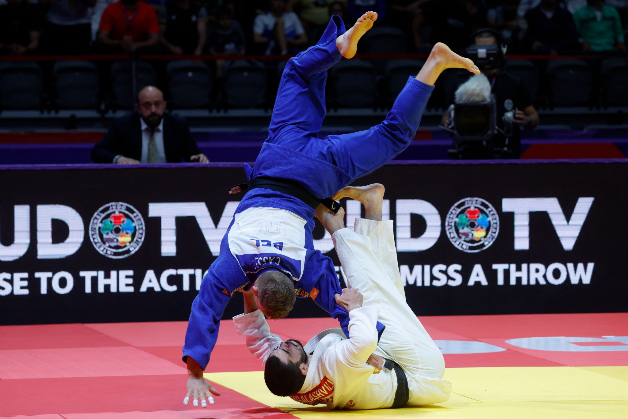 Matthias Casse of Belgium is sent flying during his defeat to Georgia's Tato Grigalashvili in the men's under-81kg final ©Getty Images