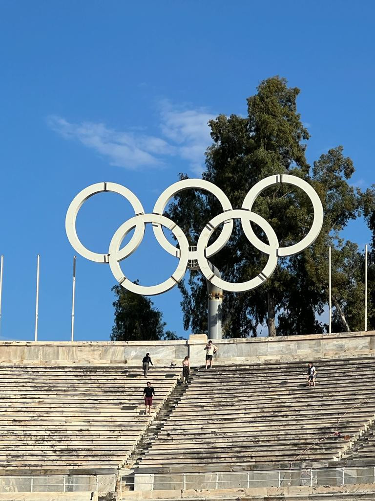 The Olympic Rings have been re-installed at the historic Panathenaic Stadium in Athens ©HOC