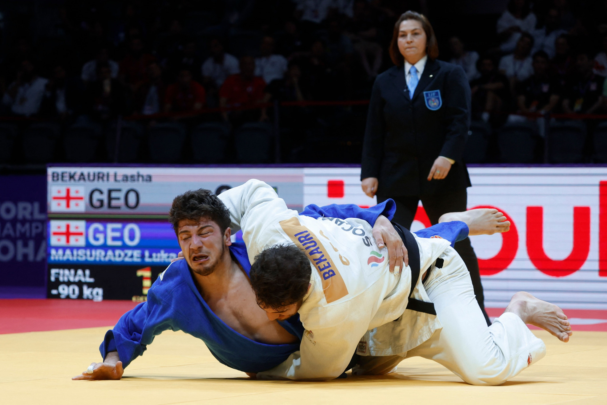 Luka Maisuradze, left, overcame Lasha Bekauri, right, in the first all-Georgian final at a World Judo Championships ©Getty Images