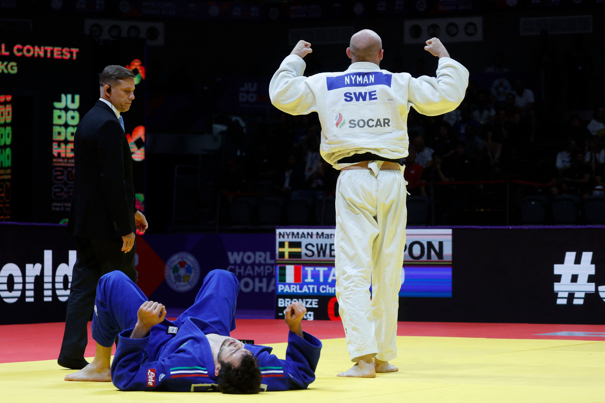 Sweden’s Marcus Nyman, right, achieved two waza-aris against the run of play to beat Christian Parlati in the bronze-medal match ©Getty Images
