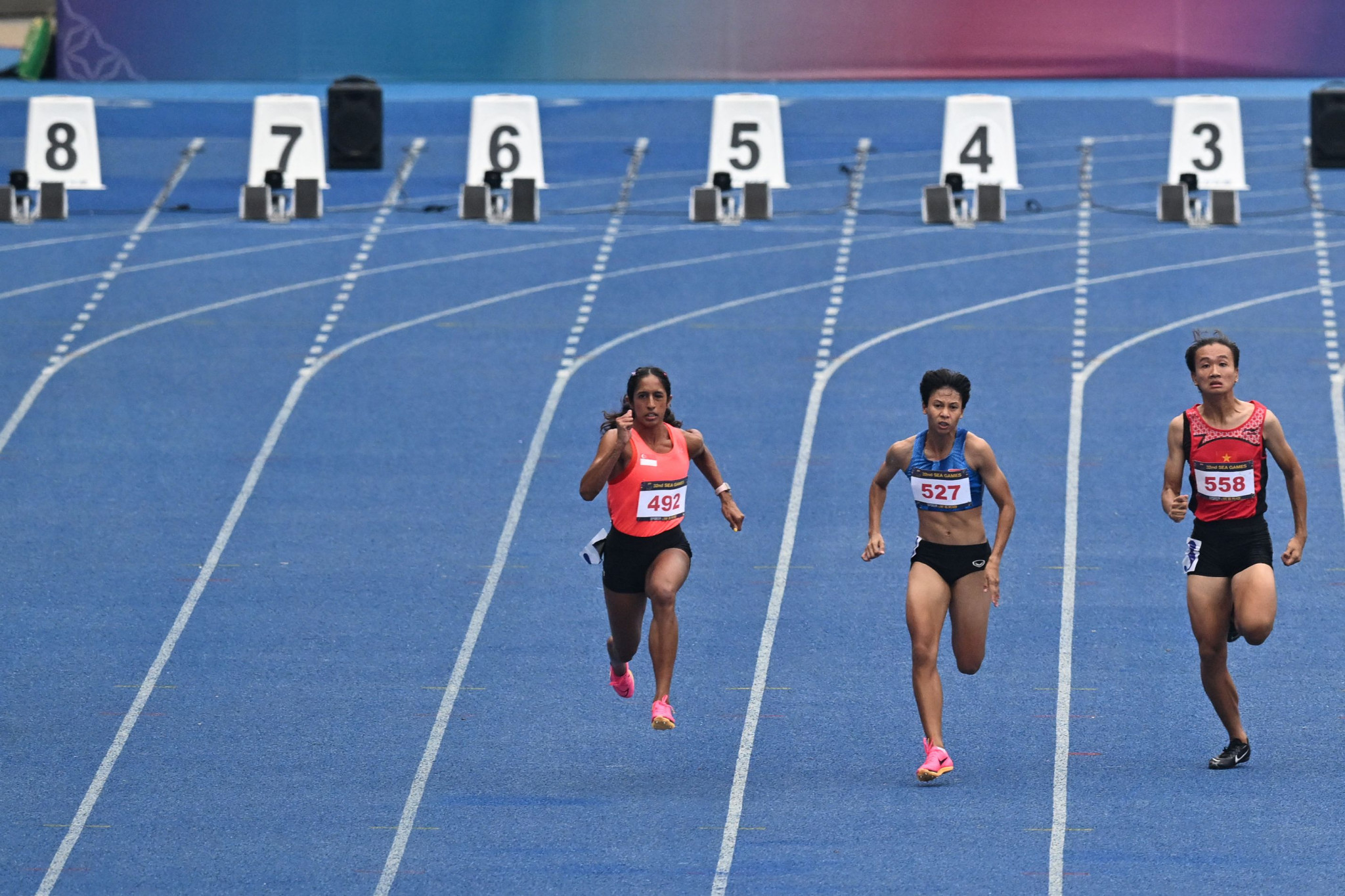 Veronica Shanti Pereira, left, won the women's 100m crown at the Southeast Asian Games in Cambodia ©Getty Images
