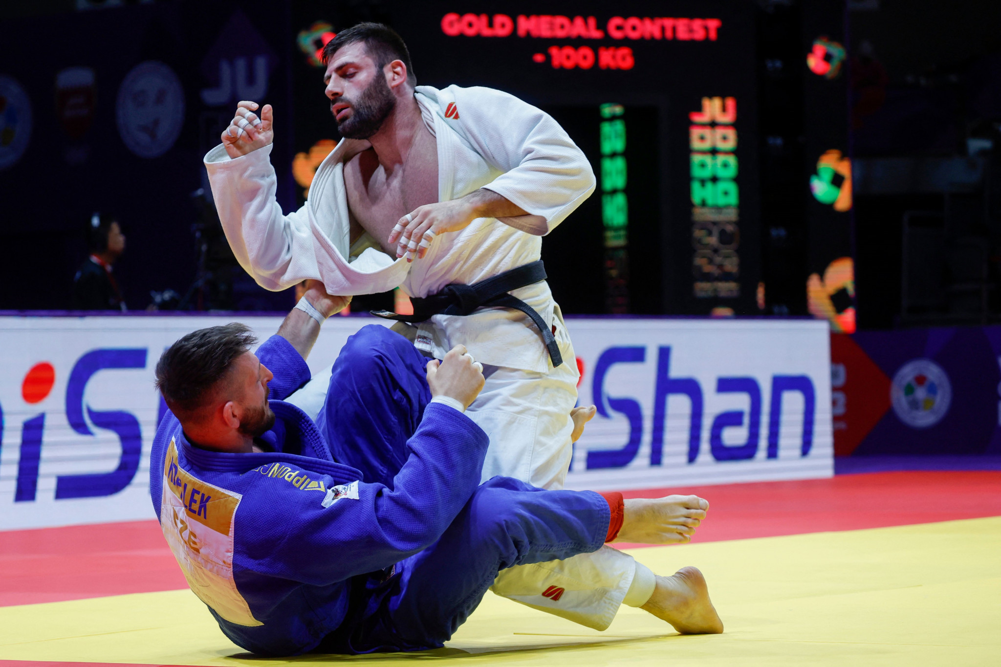 Two-time Olympic and world champion Lukáš Krpálek of the Czech Republic is taken down by Arman Adamian in the men's under-100kg final ©Getty Images