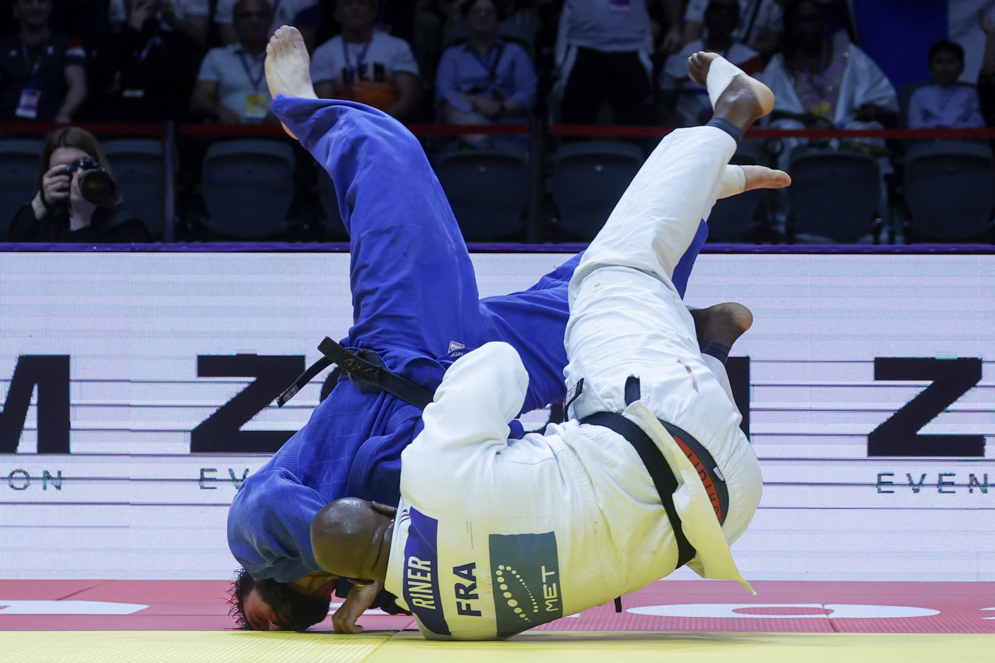 Russian neutral Inal Tasoev pushed France's Teddy Riner all the way only to lose in the fourth minute of golden score ©Getty Images