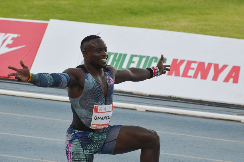 Home sprinter Ferdinand Omanyala celebrates a third consecutive 100m win at the Kip Keino Classic ©Getty Images