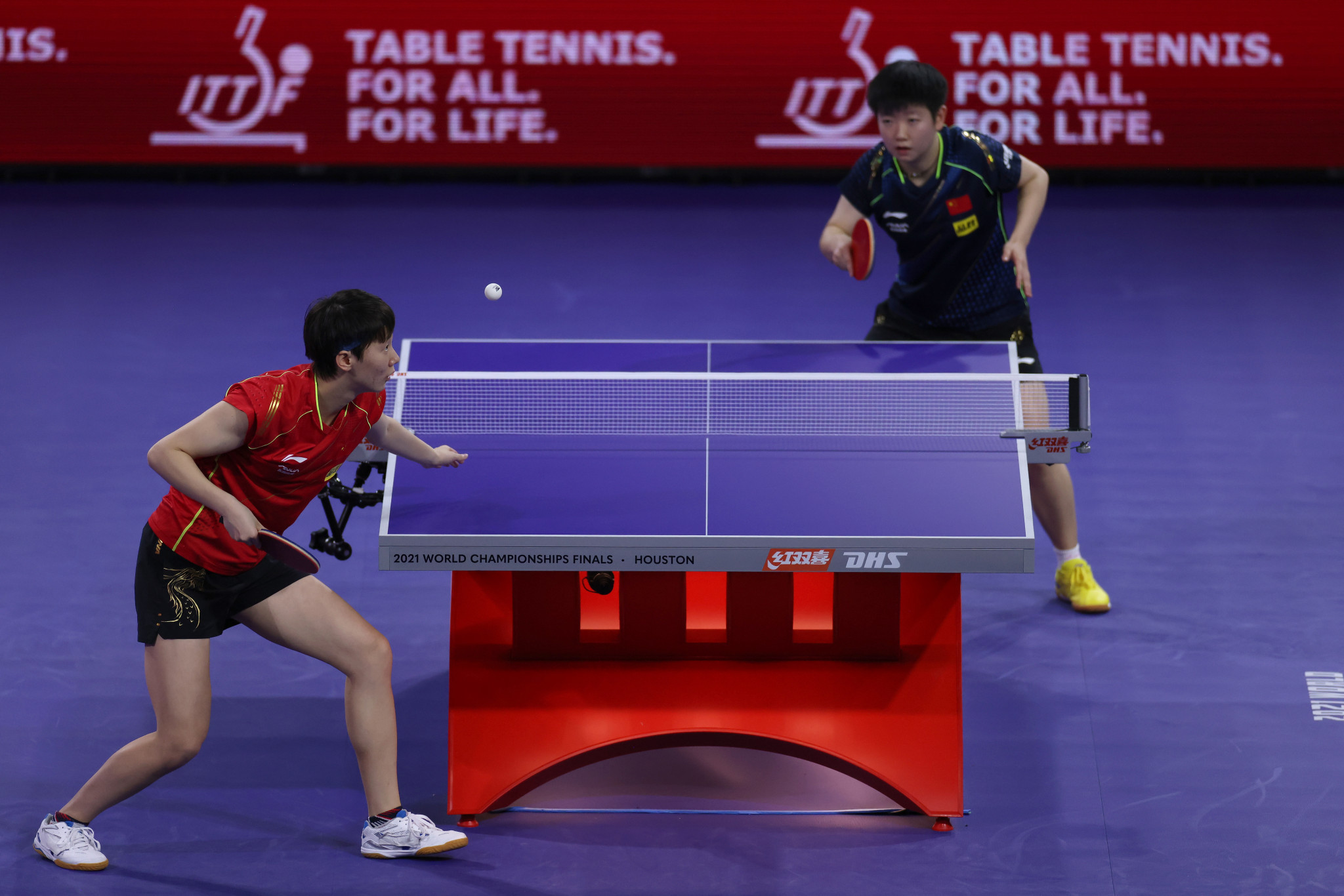 China's Wang Manyu, left, and Sun Yingsha, right, are seeking a third consecutive women's doubles world title, and both likely contenders for the singles gold ©Getty Images