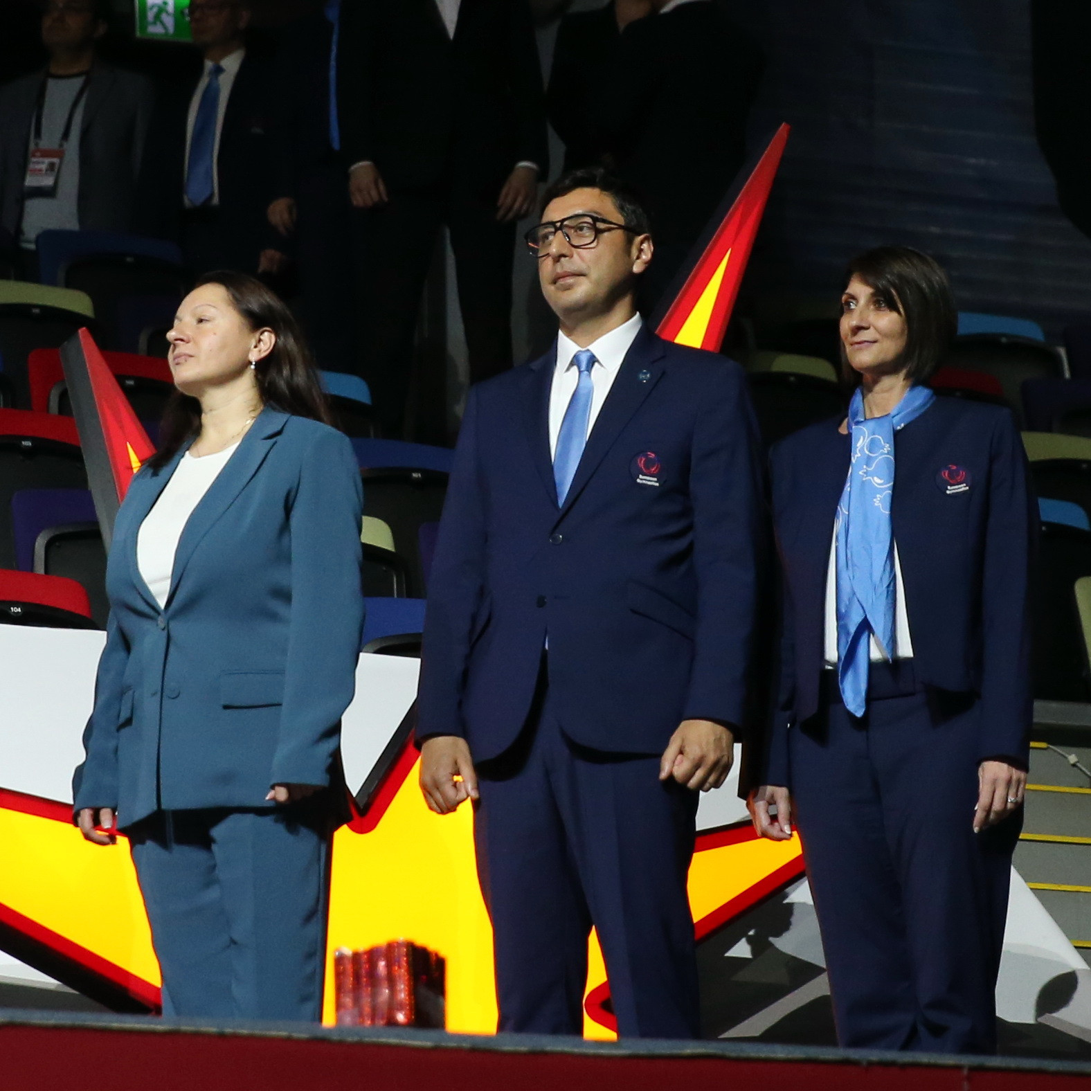 Azerbaijan Sports Minister and European Gymnastics President Farid Gayibov, centre, was present at the venue today ©AGF