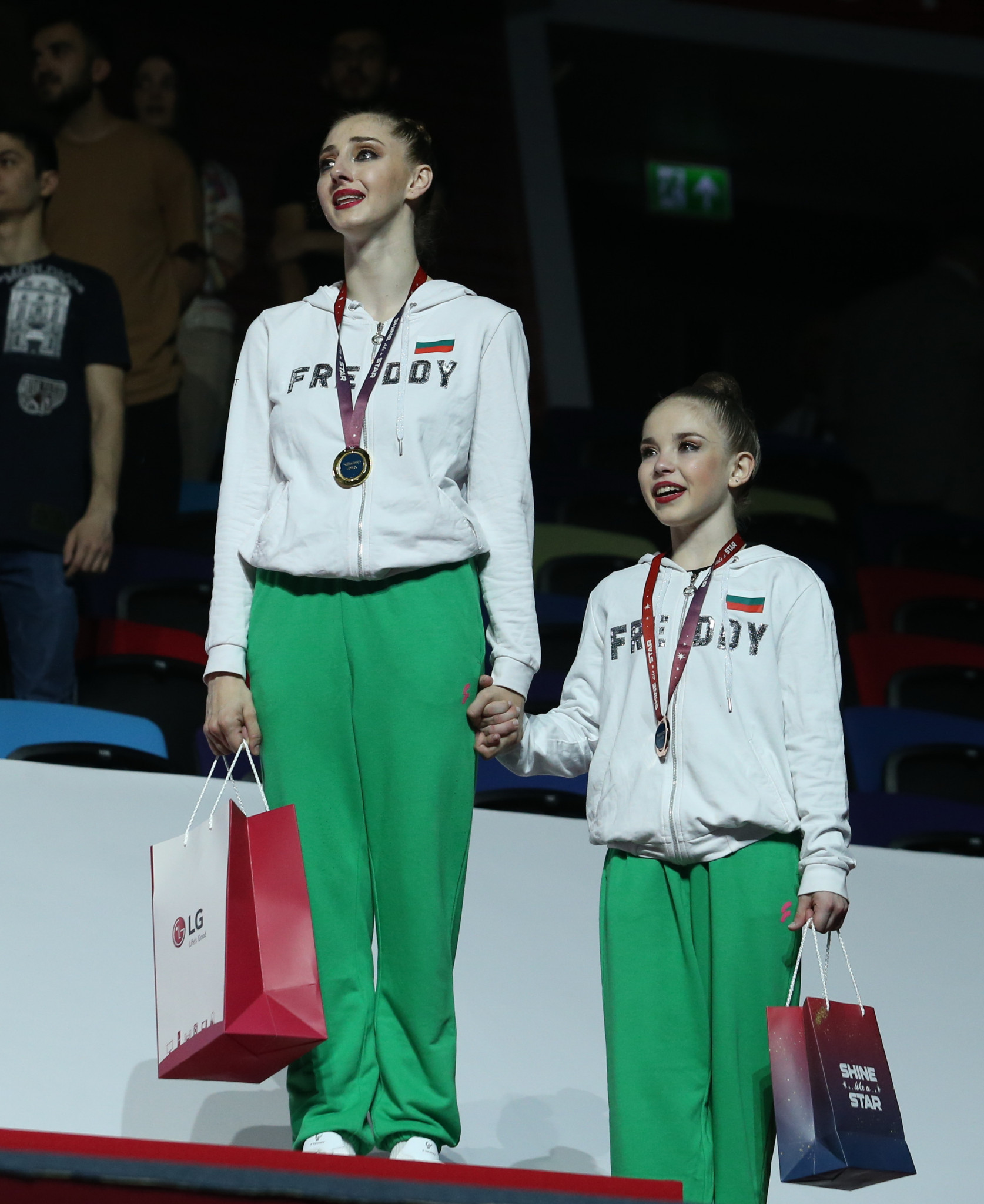 Boryana Kaleyn of Bulgaria won all-around gold while compatriot Stiliana Nikolova, right, settled for bronze ©AGF
