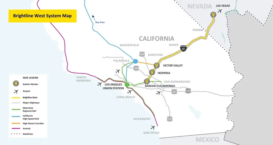 The proposed Brightline West line would travel from Las Vegas to Los Angeles suburb Rancho Cucamonga ©Brightline Holdings