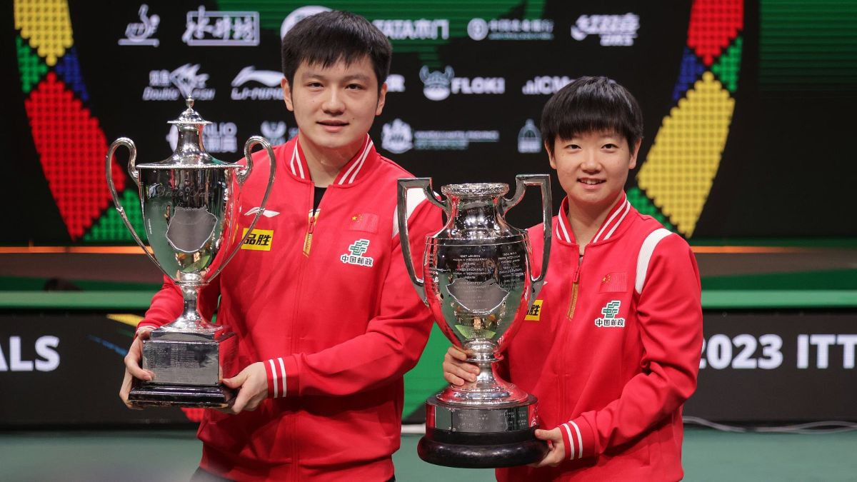 Fan Zhendong, left, and Sun Yingsha won the singles titles today at the World Table Tennis Championships ©ITTF
