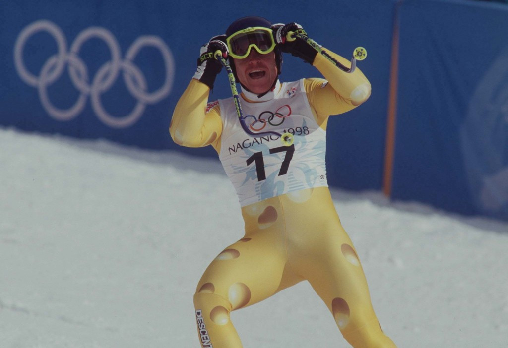 Didier Cuche celebrates winning a silver medal at Nagano 1998 ©Getty Images