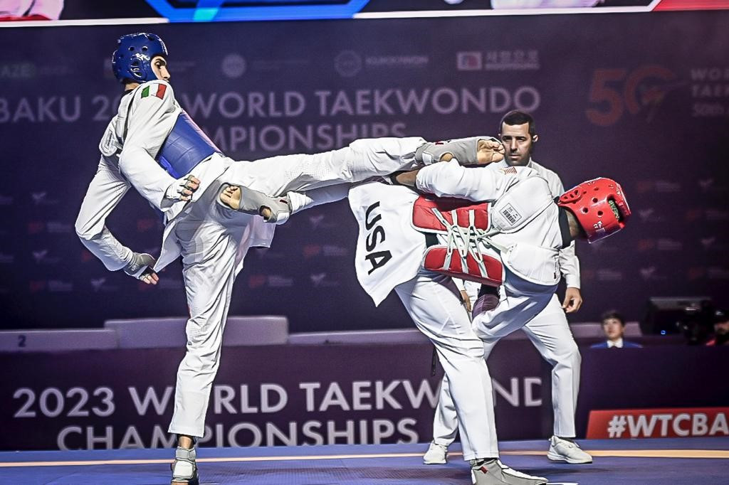 World number one Simone Alessio of Italy, left, won a low-scoring men's under-80kg final against the United States' Carl Nickolas, right ©World Taekwondo