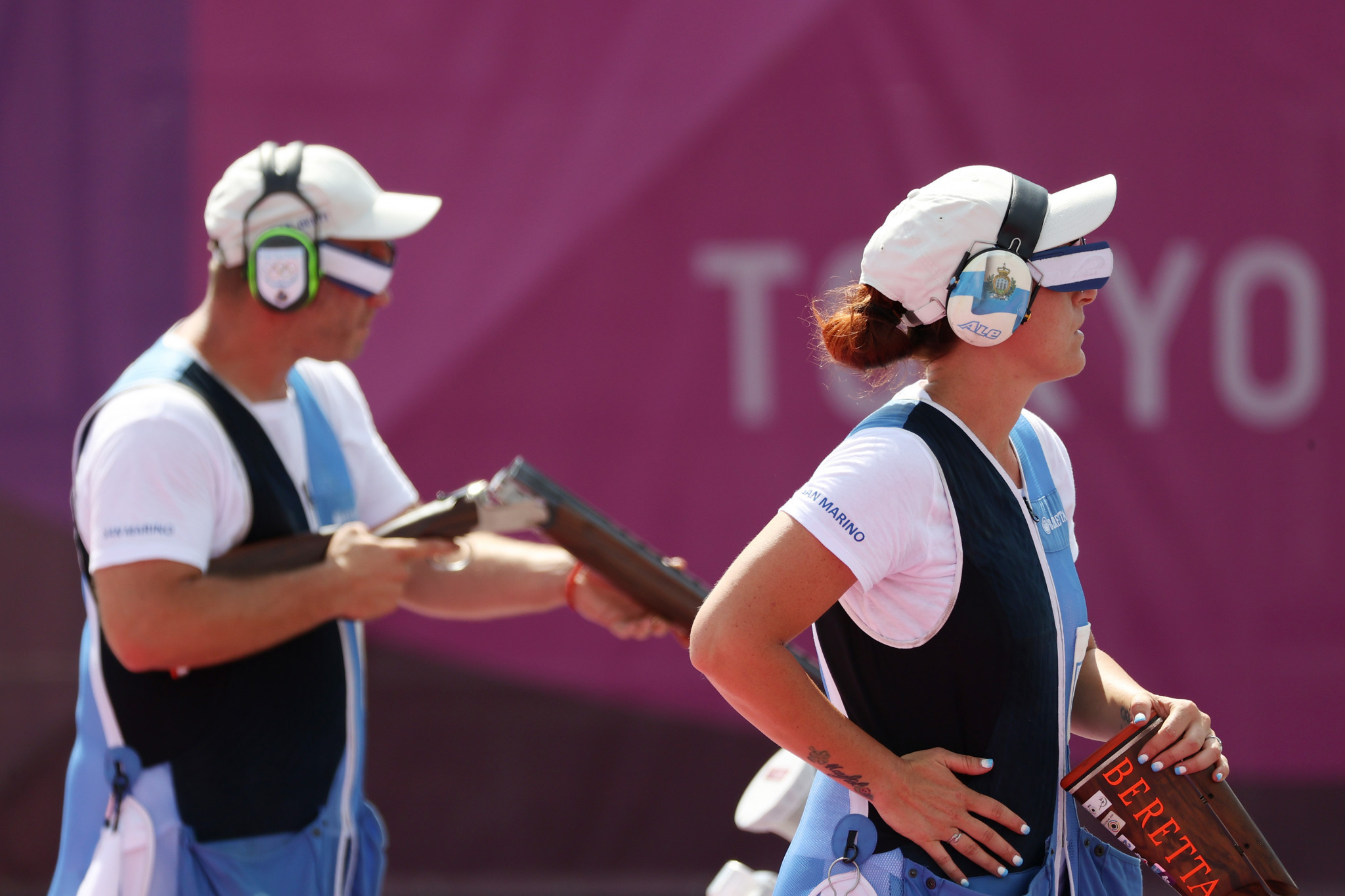 Gian Marco Berti, left, claimed the men's trap title, while Alessandra Perilli, right, lost a women's trap shoot-off ©Getty Images