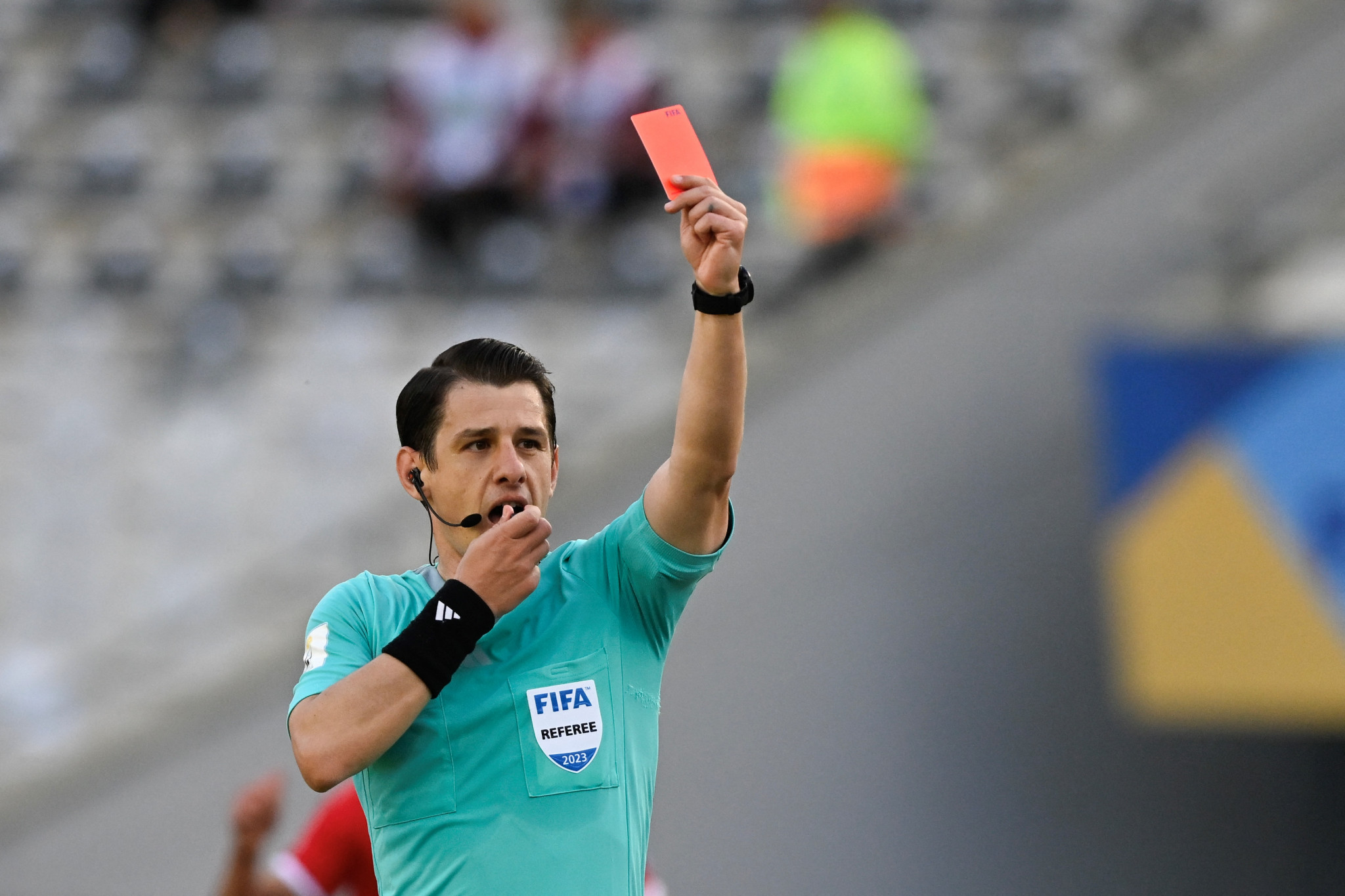 Turkish referee Halil Umut Meler shows a red card to Robert Renan during the FIFA Under-20 World Cup match between Brazil and Tunisia ©Getty Images