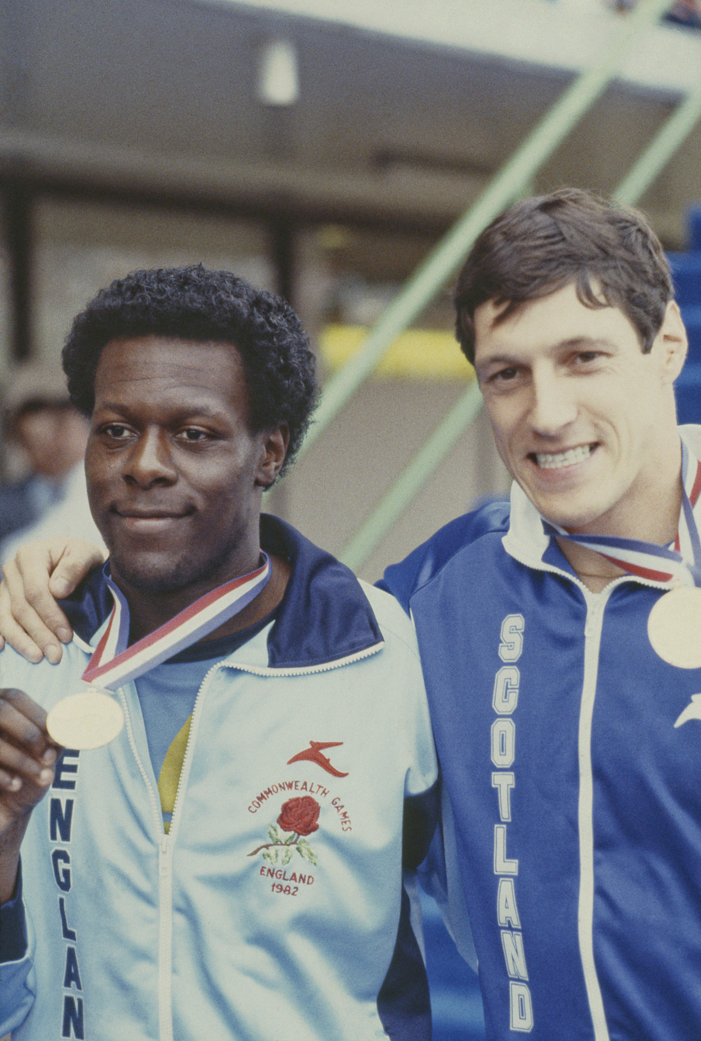 Mike McFarlane, left, and Allan Wells after the pair shared gold at the Brisbane 1982 Commonwealth Games ©Getty Images