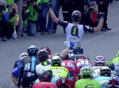 Steve Cummings crosses the line to win stage three of the Vuelta al Pais Vasco ©Team Dimension Data/Twitter