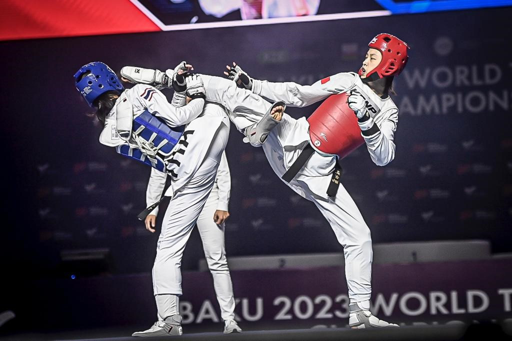 Seeken's, left, stunning run to the final included a 14-3 and 13-5 semi-final victory against China's Wang Xiaolu, right ©World Taekwondo