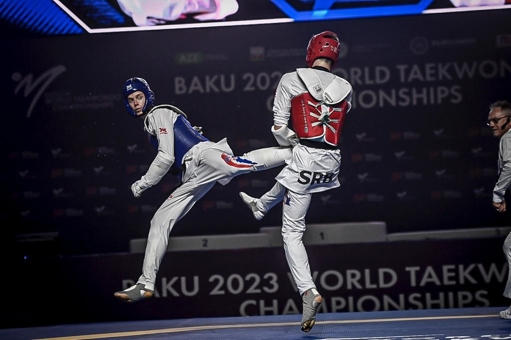 Croatia's Marko Golubić, left, won his men's under-74kg final against Stefan Takov of Serbia, right ©World Taekwondo