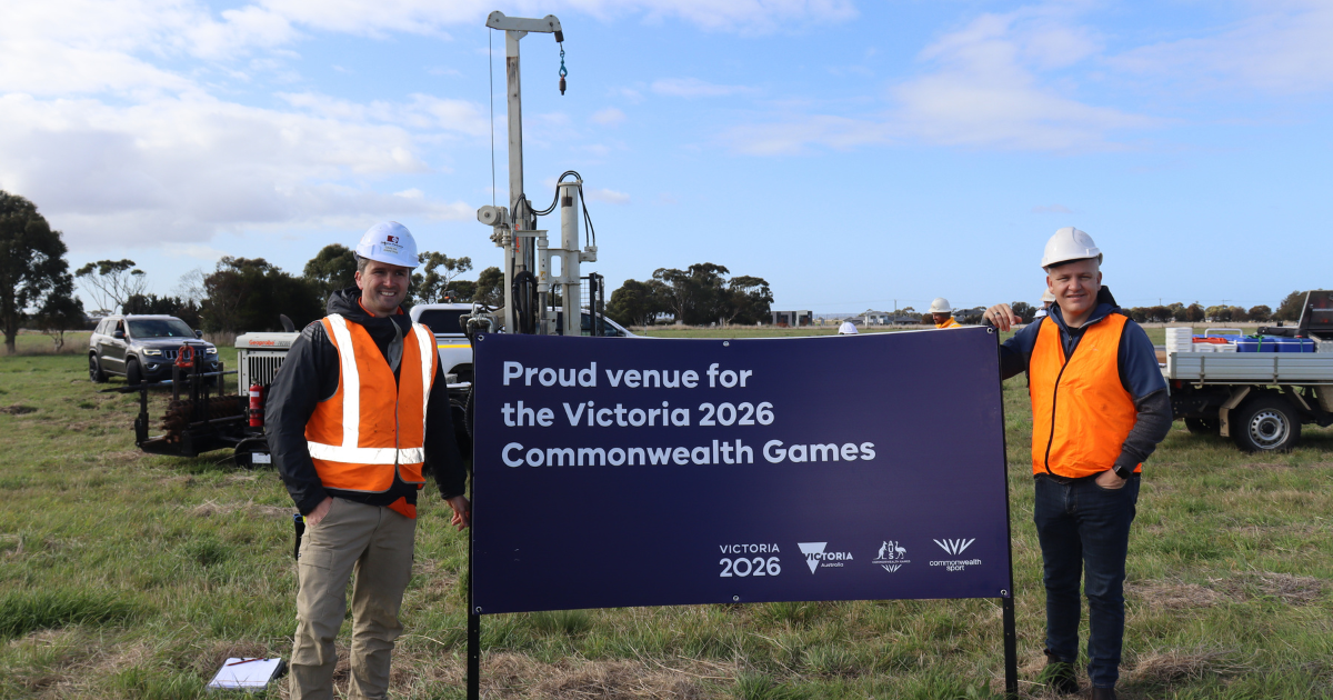 Local MP Darren Cheeseman, right, has promised that the new aquatics centre being built for the 2026 Commonwealth Games in Geelong will remain a "world-class" venue after the event ©Victoria 2026