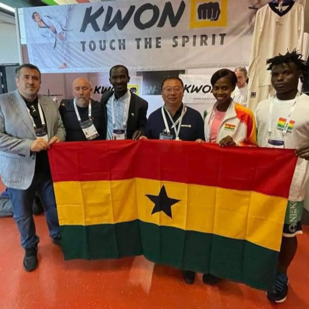 Henrietta Armah, second right, and Amed Sama, left, who lead Ghana's taekwondo hopes for the African Games, have been preparing at the World Championships in Baku ©Ghana Taekwondo Federation