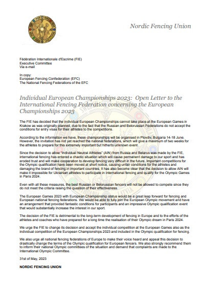 The letter from the Nordic Fencing Union has made it clear that they believe the European Championships should be incorporated into Kraków-Małopolska 2023 as originally planned ©ITG