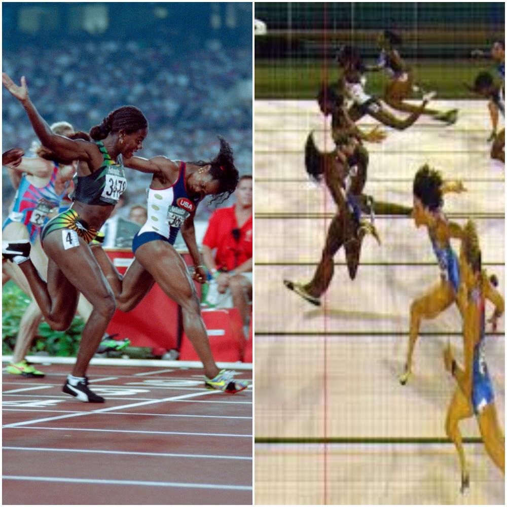 Separated by five thousandths of a second - but should they have been? Merlene Ottey and Gail Devers cross the line together in the women's 100m at the 1996 Olympics in Atlanta ©Getty Images and Omega
