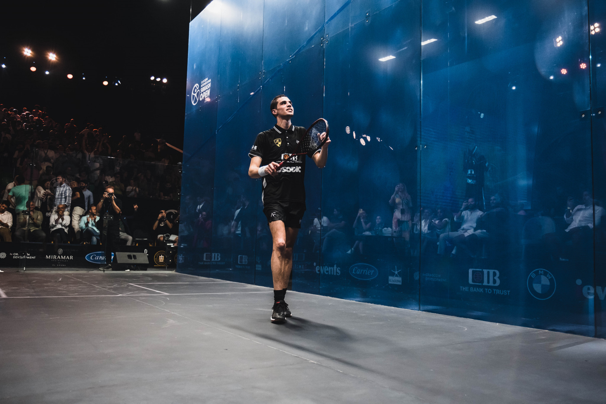 Ali Farag of Egypt celebrates winning the El Gouna International title, which returned him to number one in the men's world squash rankings ©PSA World Tour 