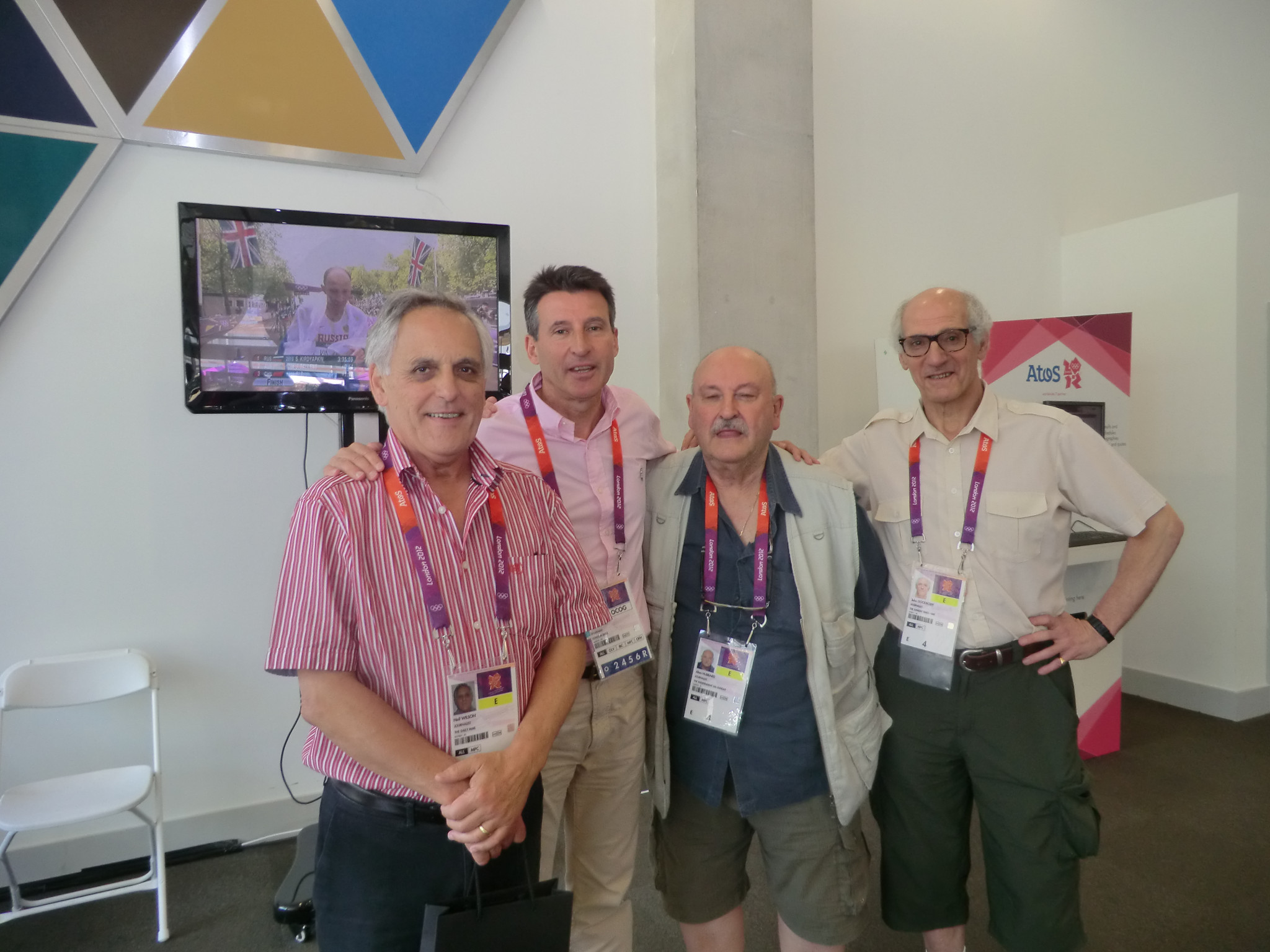 At the 2012 Olympics in London, Alan Hubbard, second from right, was joined by Neil Wilson, Sebastian Coe and John Goodbody to celebrate almost a lifetime reporting Olympic sport ©ITG
