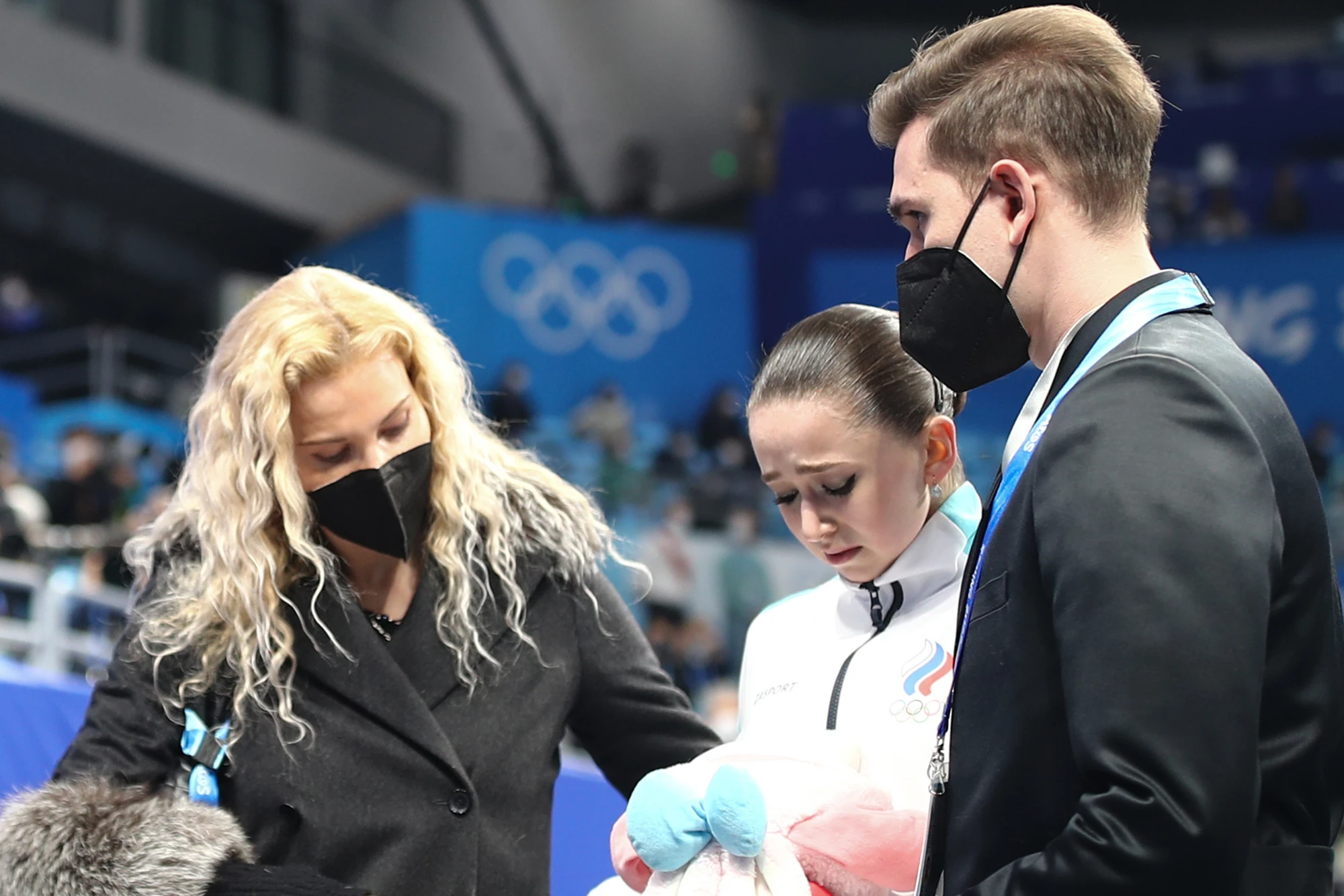 Eteri Tutberidze, left, was criticised by IOC President Thomas Bach for her treatment of Kamila Valieva, centre, at the 2022 Winter Olympic Games in Beijing ©Getty Images