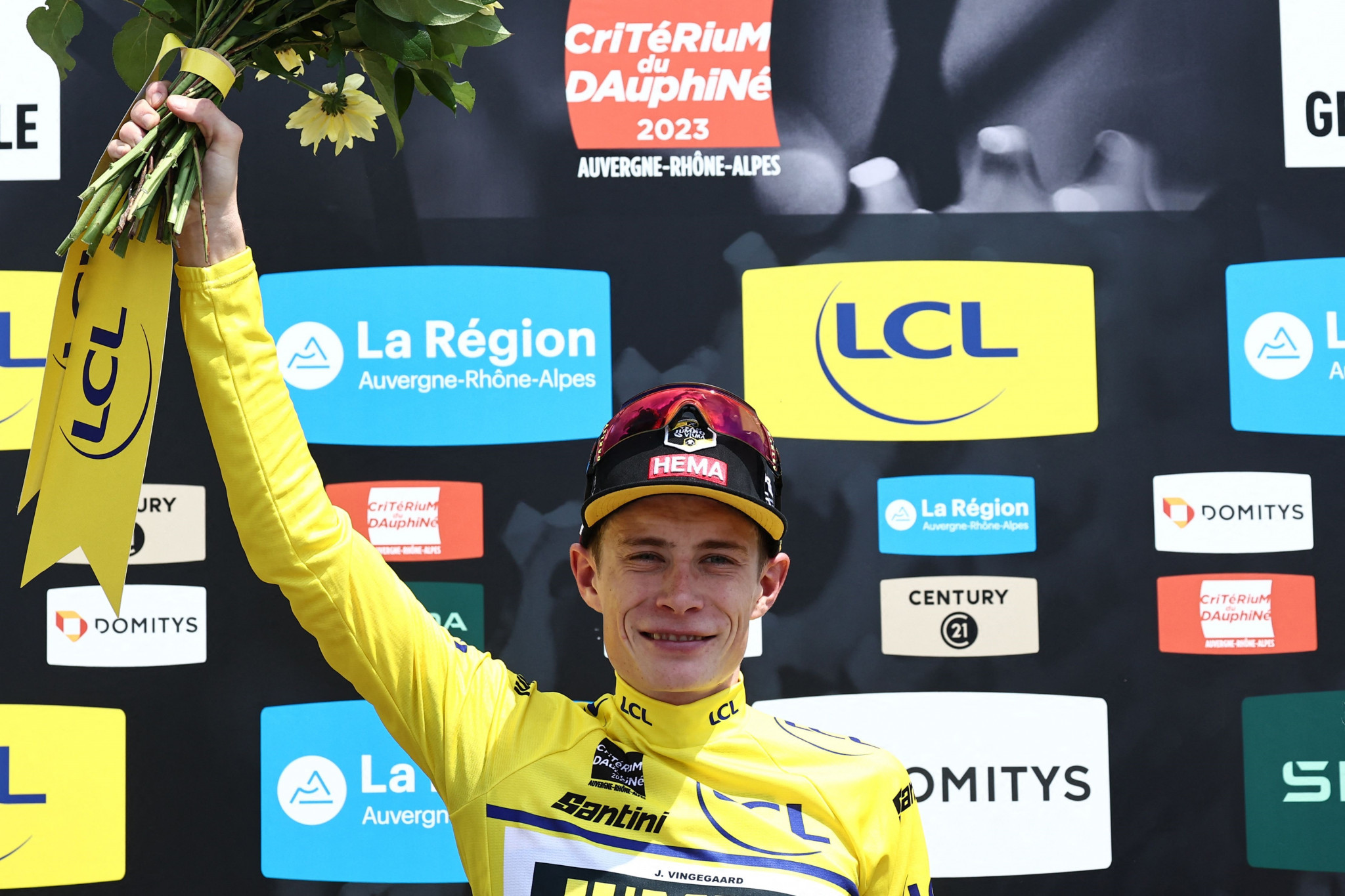 Denmark's Tour de France champion Jonas Vingegaard celebrates winning the overall title at the Critérium du Dauphiné ©Getty Images