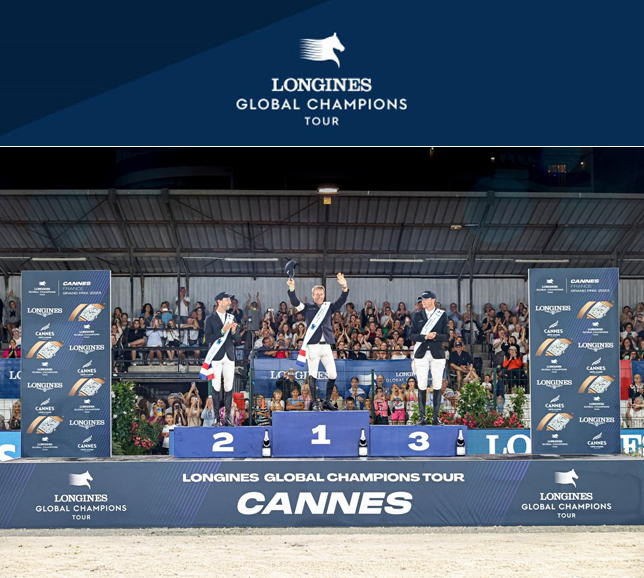 Maikel Van Der Vleuten, centre, celebrates after winning the Global Champions Tour Grand Prix leg in Cannes ©Global Champions Tour